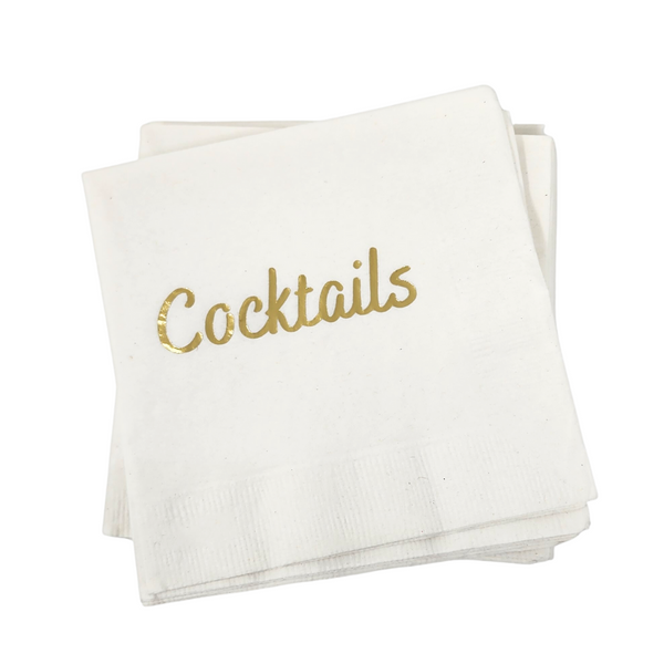 The Print Appeal Cocktails Napkin Pack - White & Gold features elegant white napkins with "Cocktails" in gold script, adding a touch of sophistication to any celebration.