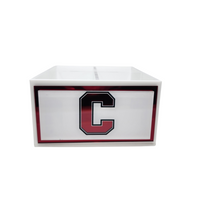 The Eye Candy College Spinner is a white rectangular box featuring a red and black-bordered letter C on the front, ideal for organizing your college desk. The background is plain white.