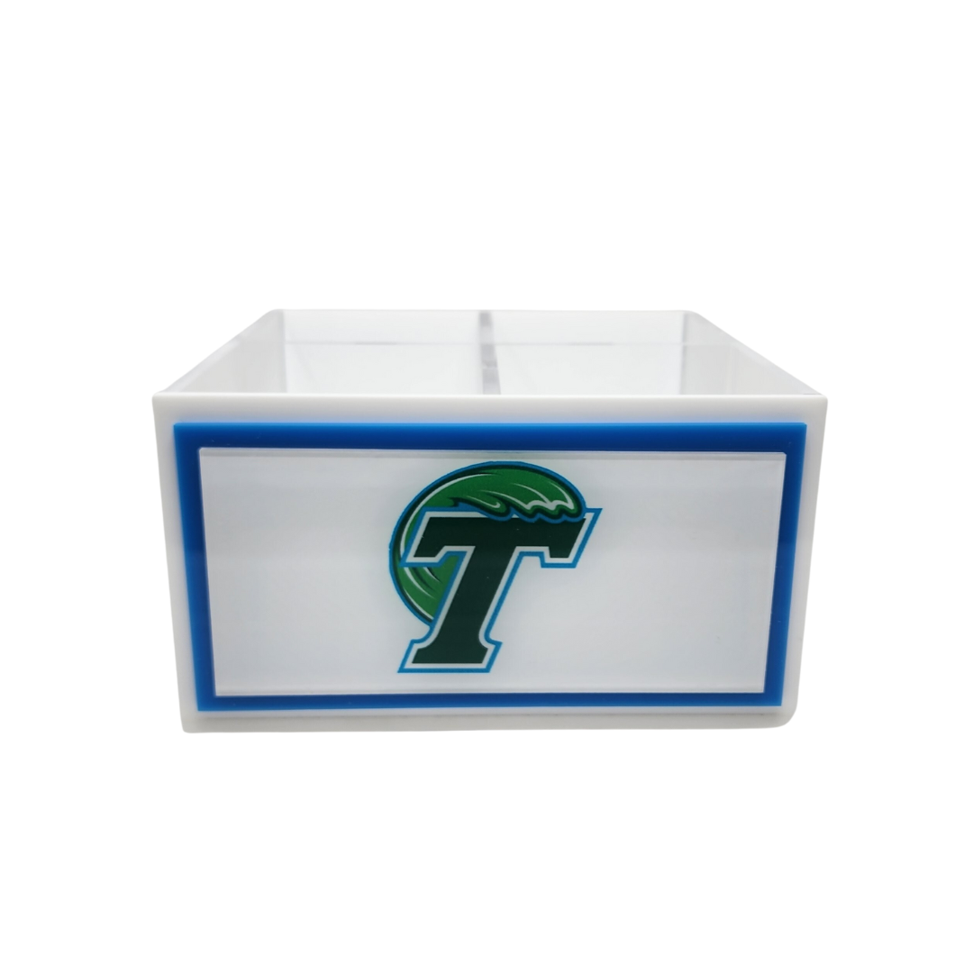 The Eye Candy College Spinner is a white box with a blue border and green T wave logo, shown front-facing on a white background—ideal for keeping your college desk organized and stylish.