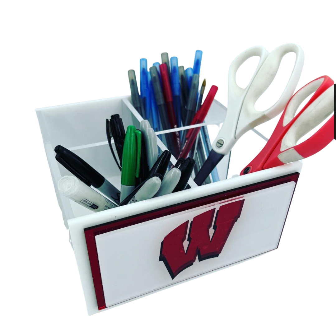 The Eye Candy College Spinner is a white desk organizer for pens, markers, and scissors. It features a large red W logo outlined in black, representing the University of Wisconsin, on the front.