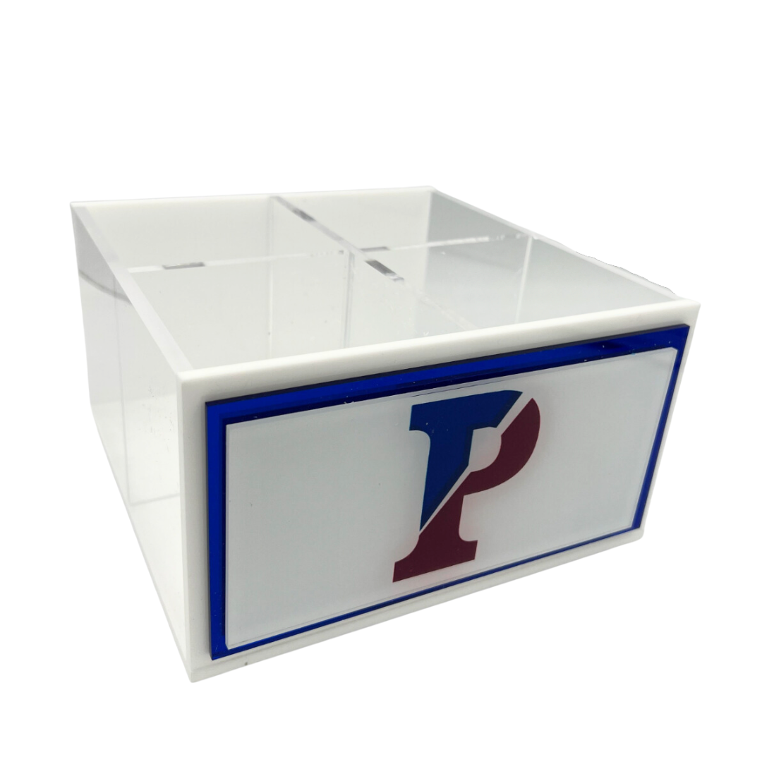 The Eye Candy College Spinner is a clear rectangular desk organizer with white edges and a blue-bordered front panel, ideal for adding your custom college logo.
