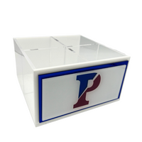 The Eye Candy College Spinner is a clear rectangular desk organizer with white edges and a blue-bordered front panel, ideal for adding your custom college logo.