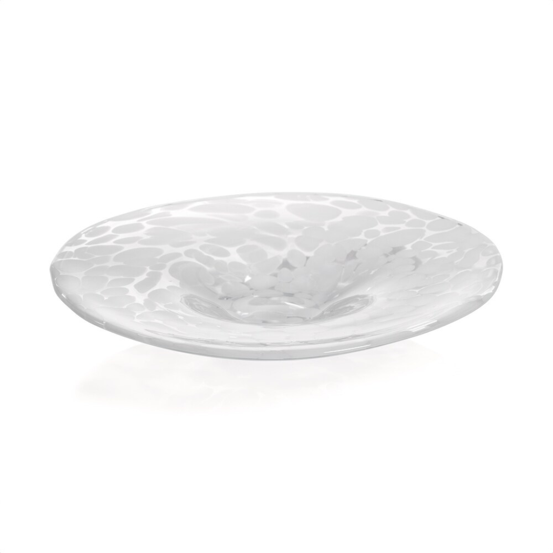 The Zodax Confetti Glass Bowl 14.25" is a food-safe centerpiece with a shallow center and irregular white spots, shown on a white background.
