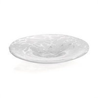 The Zodax Confetti Glass Bowl 14.25" is a food-safe centerpiece with a shallow center and irregular white spots, shown on a white background.