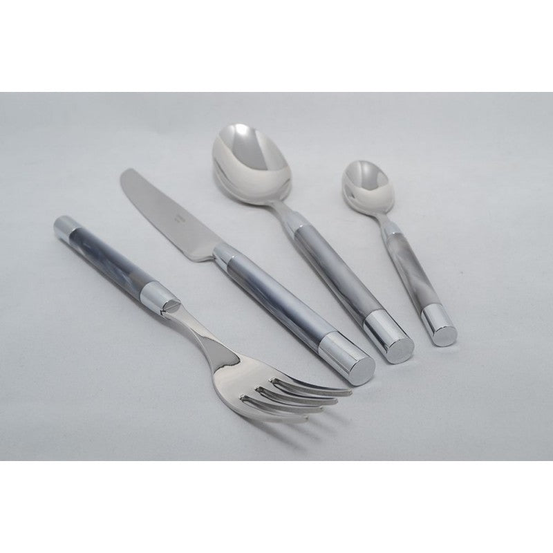 The Capdeco Conty Flatware 5 Piece Setting in Grey features French-made utensils with shiny metal heads and smooth silver-gray handles, arranged here on a light gray surface.