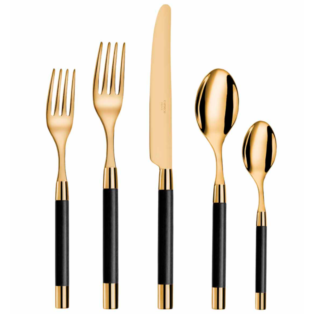 The Capdeco Conty Flatware 5 Piece Setting features two forks, a knife, a tablespoon, and a teaspoon with 24K gold-plated tops and elegant gold-accented black wood handles.