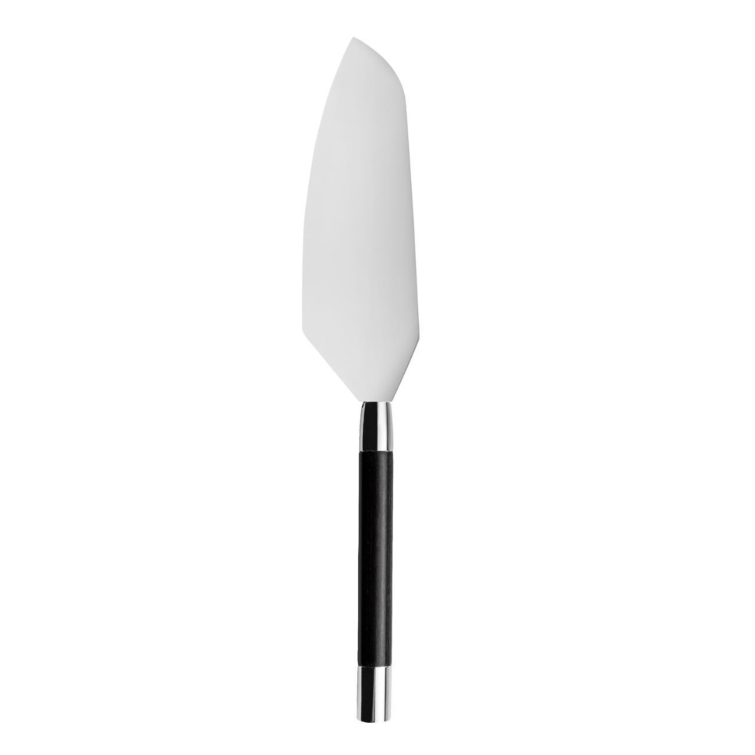 The Capdeco Conty Black Wood Cake Server features a wide, flat stainless steel blade and a black wood handle, displayed on a white background.