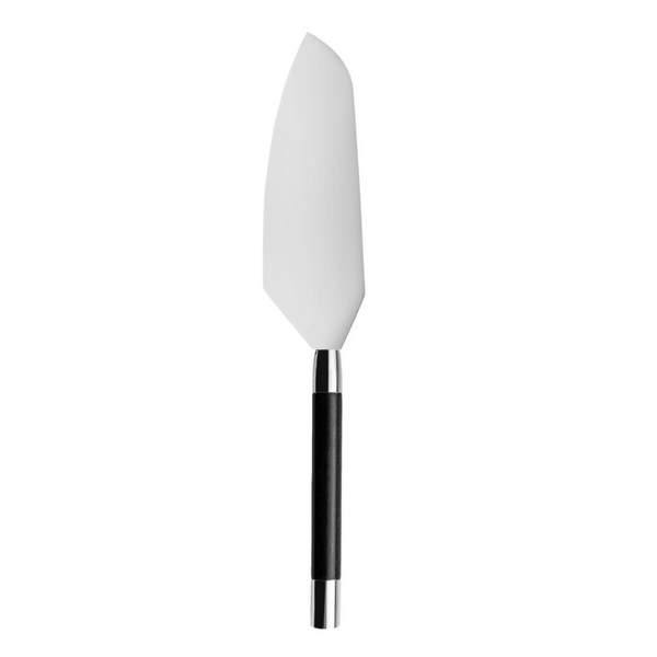 The Capdeco Conty Black Wood Cake Server features a wide, flat stainless steel blade and a black wood handle, displayed on a white background.