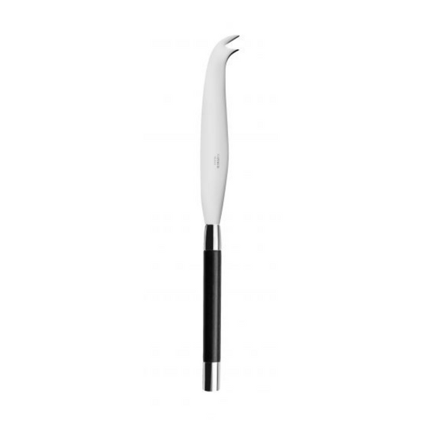 The Capdeco Conty Black Wood Cheese Knife features a black handle with silver accents and a white curved blade. Handmade in France.