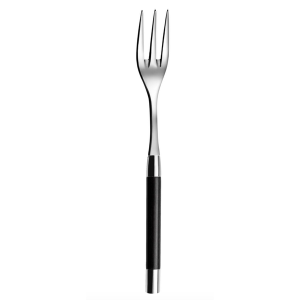 The Capdeco Conty Black Wood Serving Fork features three sharp stainless steel prongs and a black wood handle, crafted in France and displayed against a white background.