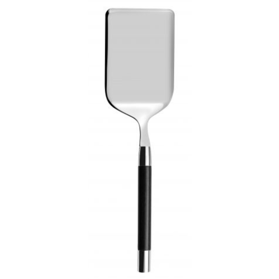 The Capdeco Conty Black Wood Rectangular Server is handmade in France, featuring a stainless steel flat rectangular blade and a black wood handle, displayed against a white background.