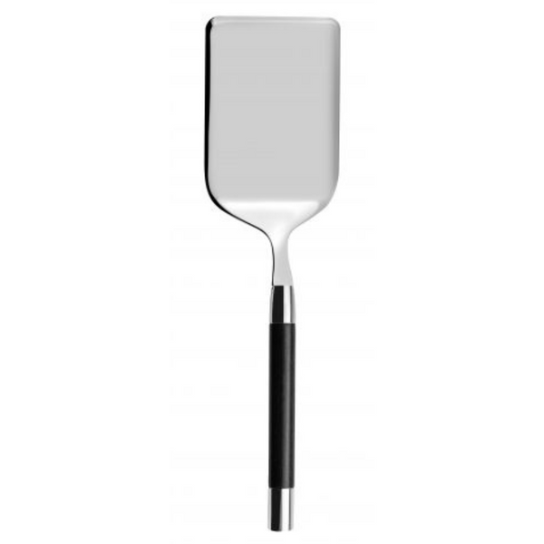 The Capdeco Conty Black Wood Rectangular Server is handmade in France, featuring a stainless steel flat rectangular blade and a black wood handle, displayed against a white background.