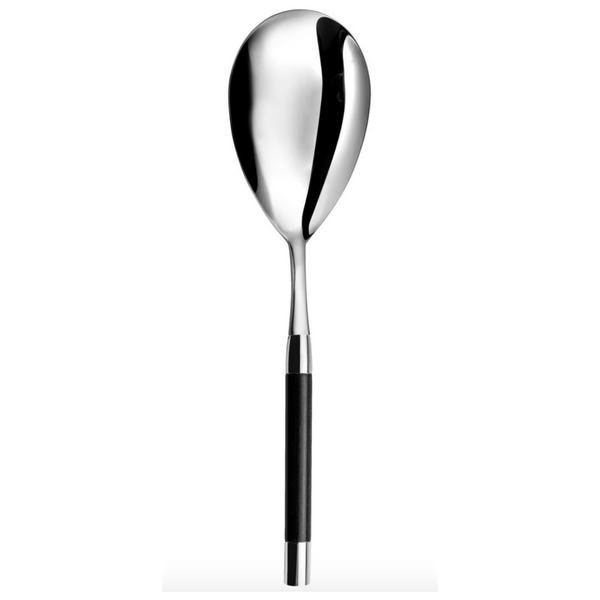 The Capdeco Conty Black Wood Large Serving Spoon features a deep, oval stainless steel bowl and a sleek black wood handle, displayed on a white background.