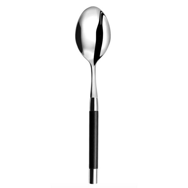 The Capdeco Conty Black Wood Serving Spoon features a shiny stainless steel bowl and a sleek black handle, elegantly displayed against a plain white background.