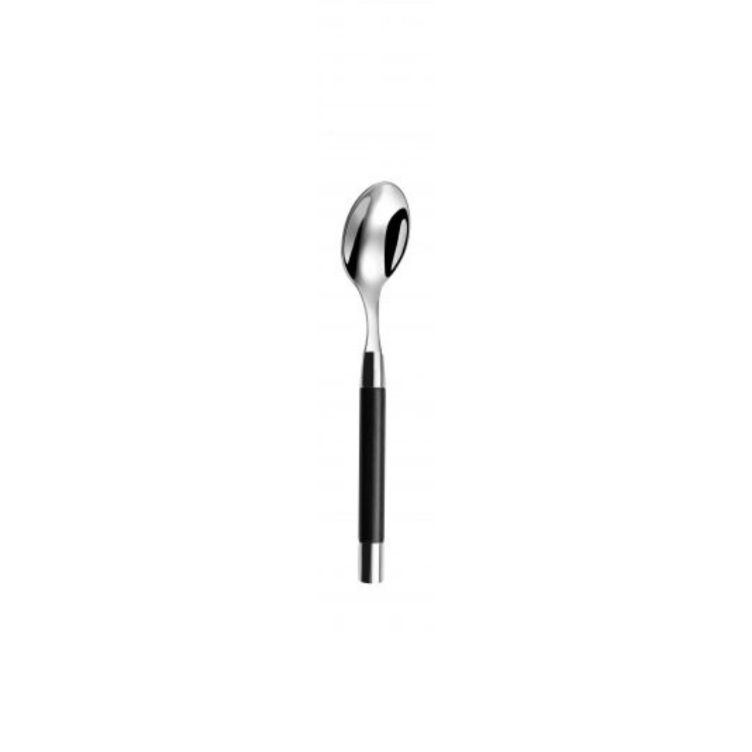 The Capdeco Conty Black Wood Tea Spoon, crafted in France, features a reflective stainless steel bowl and a black handle, shown perfectly centered on a white background.