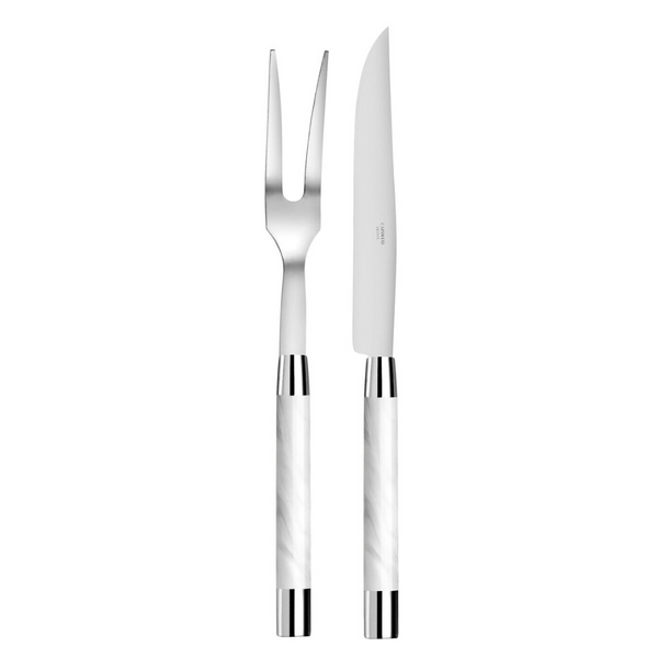 The Capdeco Conty Carne Servers White, crafted in France, include a silver carving fork and knife with glossy white marbled handles and metallic accents, displayed upright side by side on a white background.