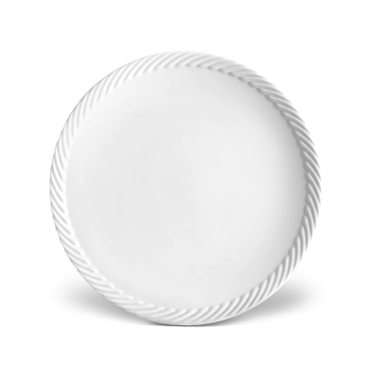 The Corde White Dinnerware soup plate by L'Objet features fine white porcelain with a raised rope-like rim, shown against a white background.