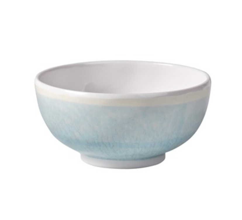 The Merritt Reactive Glaze Melamine Blue Dip Bowl features a glossy white interior and a lightly textured light blue exterior, perfect for outdoor entertaining. The bowl is displayed on a plain white background.