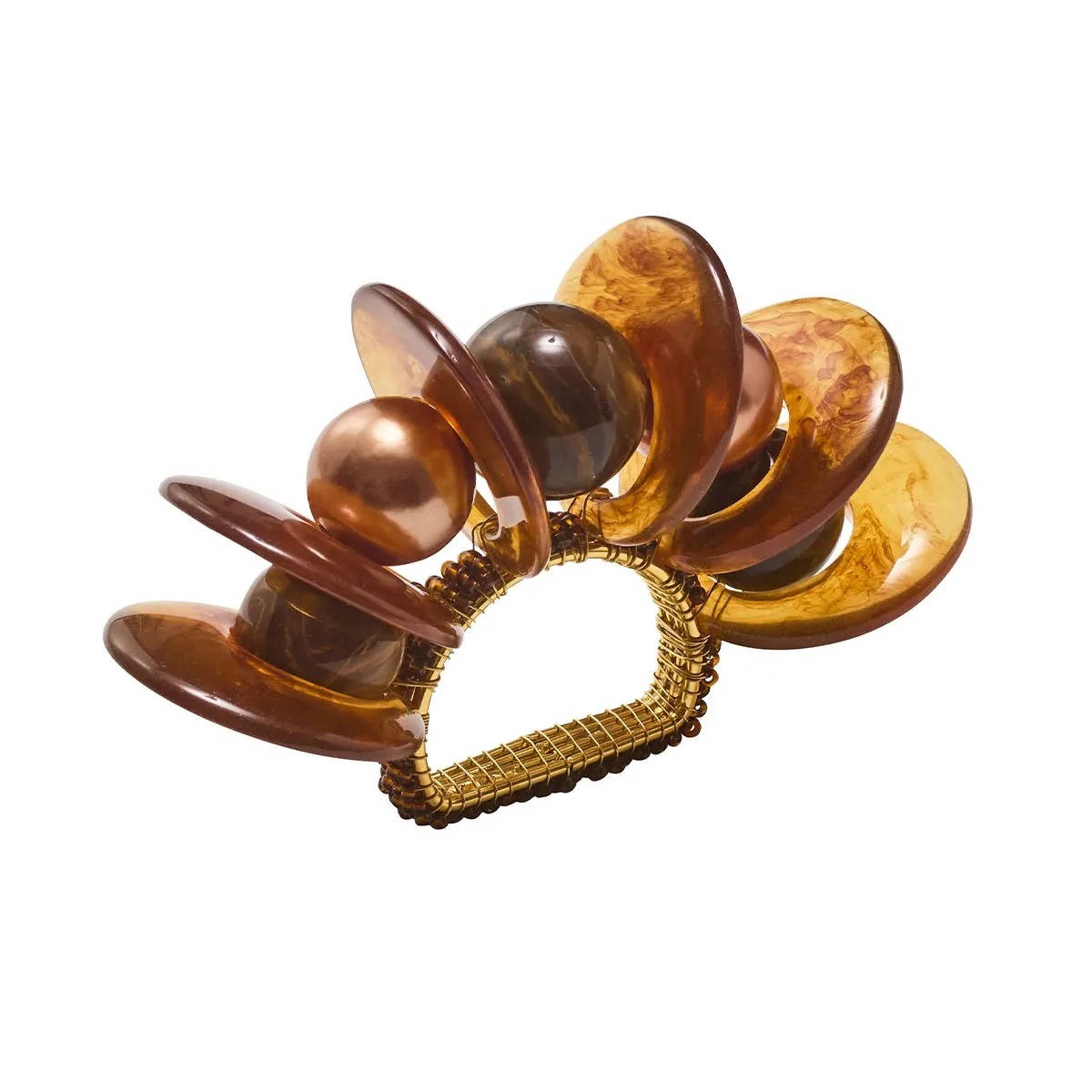 A set of four Kim Seybert “Tortoise Calypso” napkin rings in brown, designed with round and disc-shaped brown and amber beads on a gold mesh-wrapped base, arranged in a fan shape against a white background.