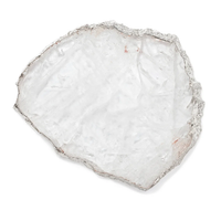 Introducing the Kiva Large Platter in Crystal/Silver by Anna New York—a thin, irregularly shaped translucent sheet with rough, wavy edges and a silvery border reminiscent of pure silver plating. Its frosted, glass-like appearance makes it the perfect striking addition to gemstone platters or an elegant challah board.