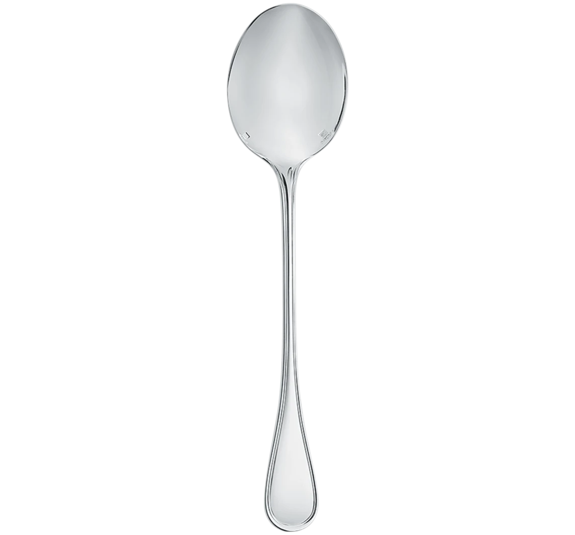 A Christofle Albi Serving Piece in silver plate, featuring a smooth, rounded bowl and long handle, is shown against a plain white background.