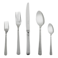 The Christofle Osiris Flatware 5 Piece Setting in stainless steel—salad fork, dinner fork, knife, soup spoon, and teaspoon—is displayed upright with matching fluted handles for an elegant look against a white background.