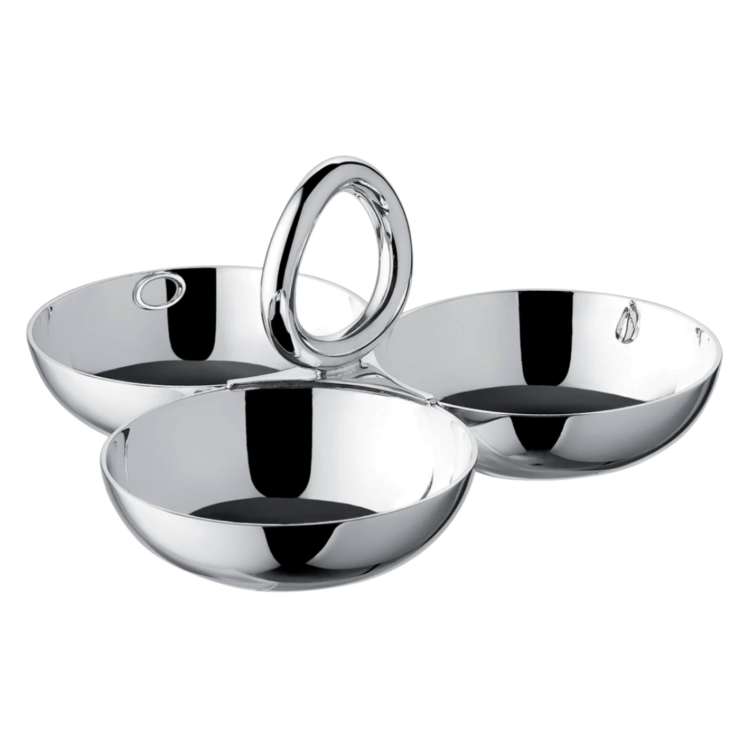 The Christofle Vertigo Silver Plated 3 Part Server features three round bowls joined at the center with a large circular handle, showcasing Vertigo's signature modern design.