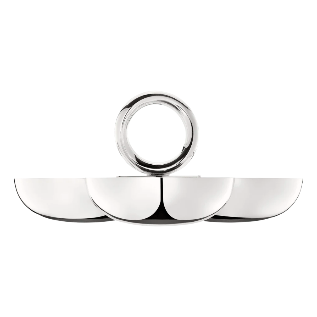 The Christofle Vertigo Silver Plated 3 Part Server is a modern server with three rounded compartments and a central circular handle, shown against a white background.