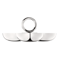 The Christofle Vertigo Silver Plated 3 Part Server is a modern server with three rounded compartments and a central circular handle, shown against a white background.