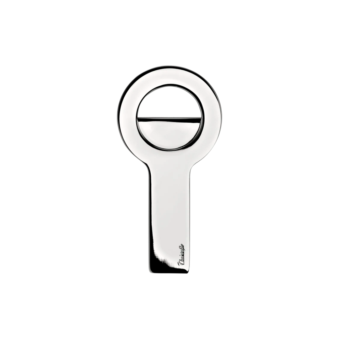 The Christofle Oh De Stainless Steel Bottle Opener features a circular top and flat, elongated handle, making it ideal for any home bar. Shown on a plain white background.