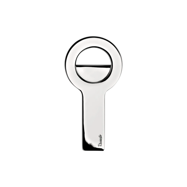 The Christofle Oh De Stainless Steel Bottle Opener features a circular top and flat, elongated handle, making it ideal for any home bar. Shown on a plain white background.
