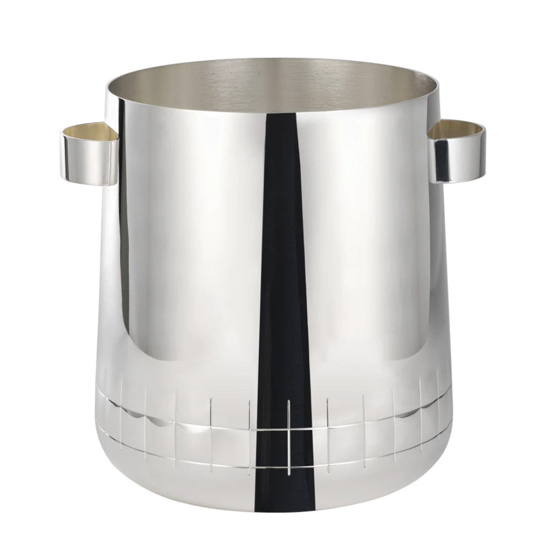 The Christofle GRAPHIK Silver Plated Champagne Cooler features two round handles and an elegant etched grid pattern near the base, shown here against a white background.