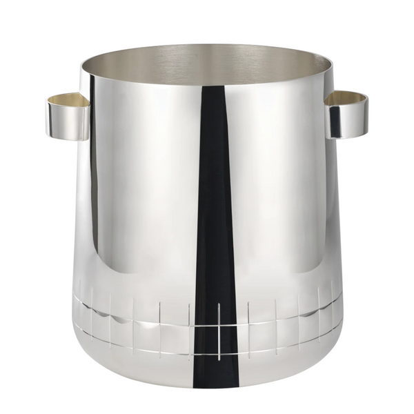 The Christofle GRAPHIK Silver Plated Champagne Cooler features two round handles and an elegant etched grid pattern near the base, shown here against a white background.