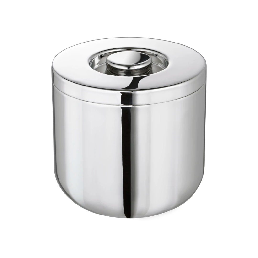 The Christofle Oh De Insulated Stainless Steel Ice Bucket features a round, flat lid with a central knob, elegantly photographed against a white background.