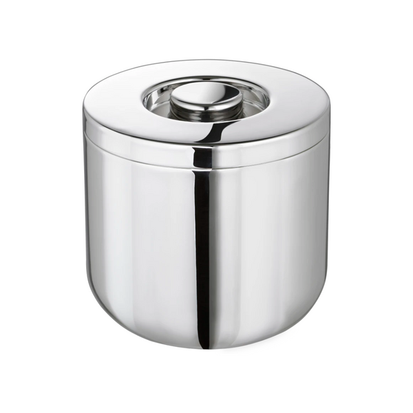 The Christofle Oh De Insulated Stainless Steel Ice Bucket features a round, flat lid with a central knob, elegantly photographed against a white background.