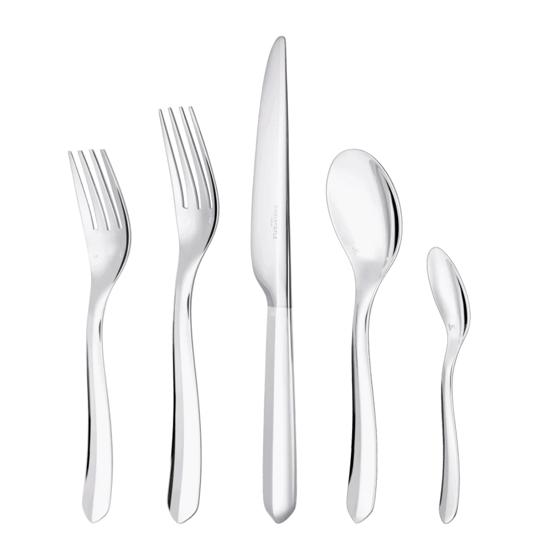The Christofle Infini Flatware 5 Piece Setting in silver plate features two forks, one knife, one tablespoon, and one teaspoon arranged on a white background. Elegant and practical, this set is also dishwasher safe.