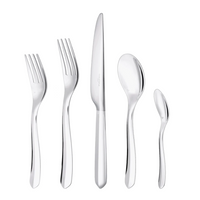 The Christofle Infini Flatware 5 Piece Setting in silver plate features two forks, one knife, one tablespoon, and one teaspoon arranged on a white background. Elegant and practical, this set is also dishwasher safe.