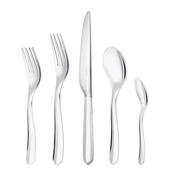 The Christofle Infini Flatware 5 Piece Setting in silver plate features two forks, one knife, one tablespoon, and one teaspoon arranged on a white background. Elegant and practical, this set is also dishwasher safe.