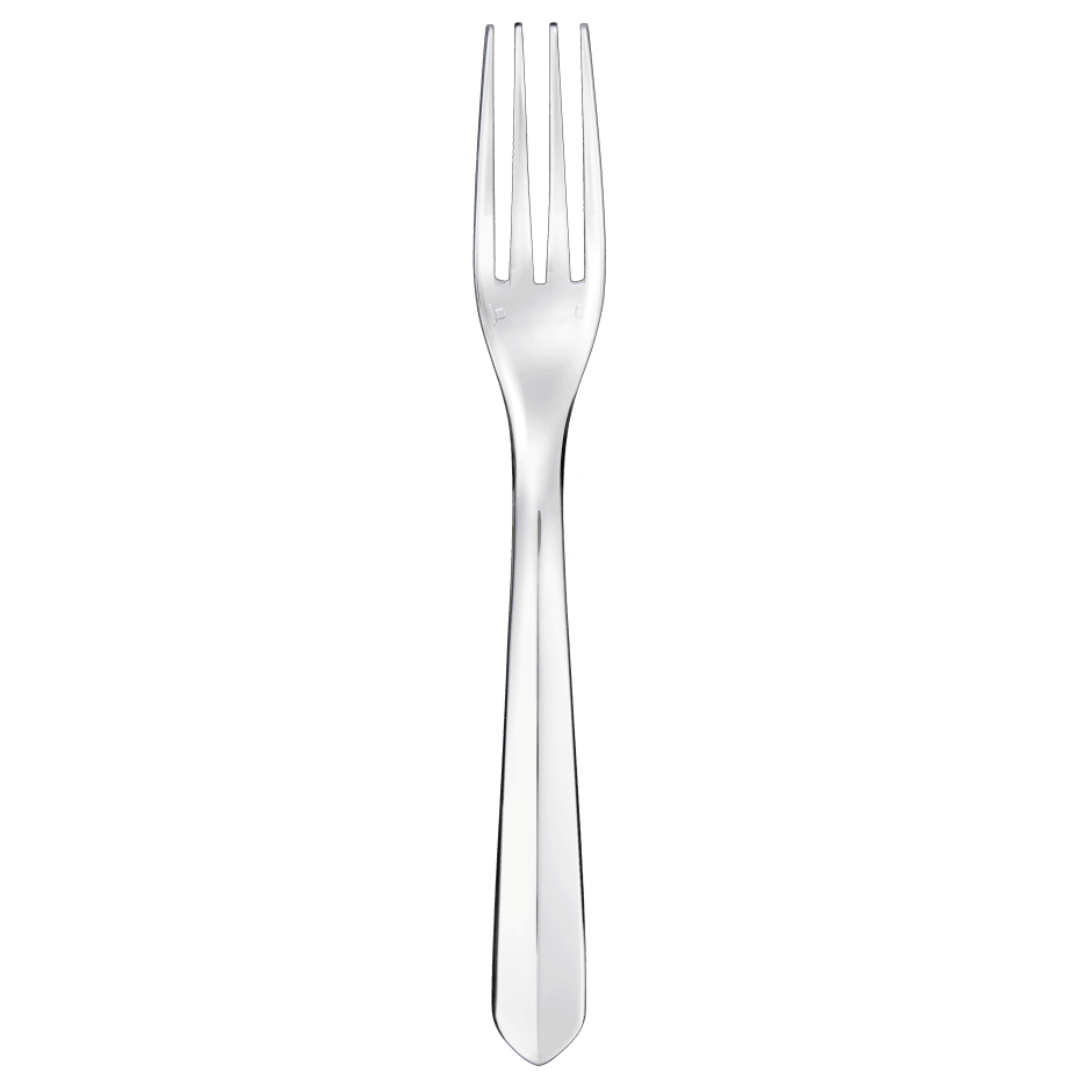 The Christofle Infini Flatware 5 Piece Setting features a silver-plated, four-tine fork shown on a white background and is dishwasher safe for easy cleaning.