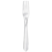 The Christofle Infini Flatware 5 Piece Setting features a silver-plated, four-tine fork shown on a white background and is dishwasher safe for easy cleaning.