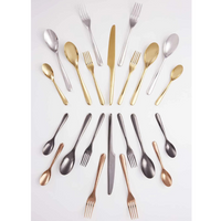 The Christofle L'Ame De Flatware 5 Piece Setting in stainless steel is elegantly arranged in a fan-like pattern on a white background.