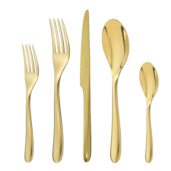 The Christofle L'Ame De Flatware 5 Piece Setting in gold features a salad fork, dinner fork, knife, soup spoon, and teaspoon arranged elegantly side by side on a white background.