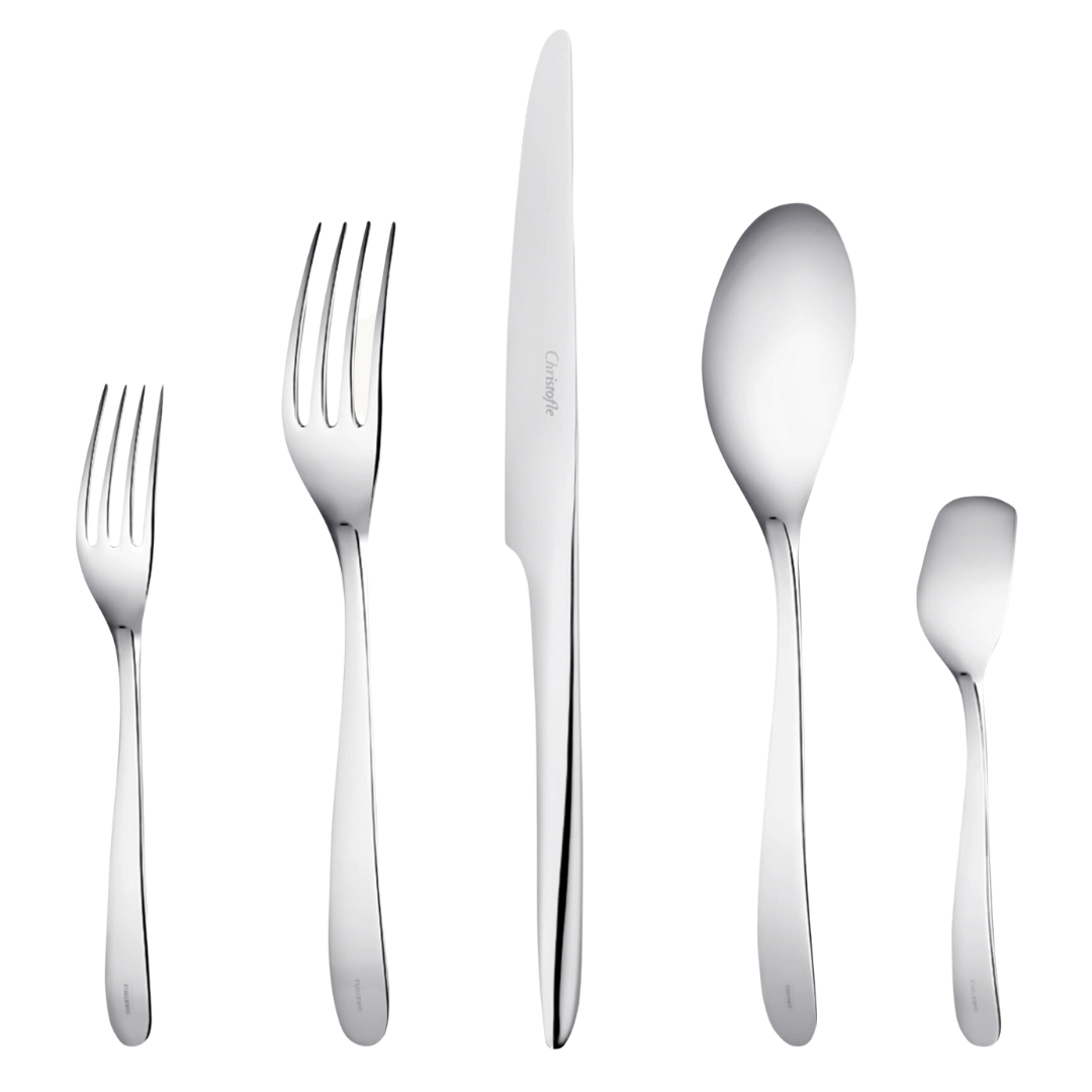 The Christofle L'Ame De Flatware 5 Piece Setting in stainless steel—salad fork, dinner fork, dinner knife, soup spoon, and teaspoon—is arranged upright in a row on a white background.