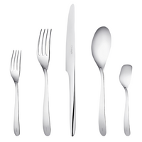 The Christofle L'Ame De Flatware 5 Piece Setting in stainless steel—salad fork, dinner fork, dinner knife, soup spoon, and teaspoon—is arranged upright in a row on a white background.