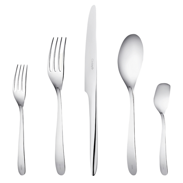 The Christofle L'Ame De Flatware 5 Piece Setting in stainless steel—salad fork, dinner fork, dinner knife, soup spoon, and teaspoon—is arranged upright in a row on a white background.