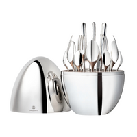The Christofle Mood Flatware 24 Piece Set - Silver Plated features a sleek silver egg that opens to display arranged forks, knives, and spoons, with the lid placed beside the base on a white background.