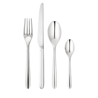 Four pieces of silverware—a fork, knife, tablespoon, and teaspoon—are arranged side by side on a white background, evoking the elegant Christofle Mood Flatware 24 Piece Set in silver plate.