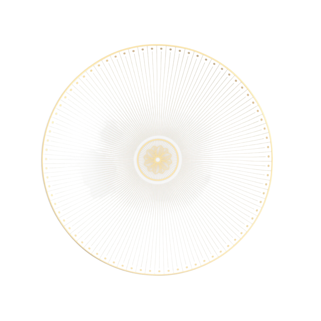 The Christofle Malmaison Imperiale Porcelain Dinnerware Gold dinner plate features a symmetrical radial gold pattern and dotted gold rim on white porcelain, showcasing elegance from the renowned Malmaison collection.