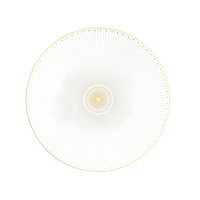 The Christofle Malmaison Imperiale Porcelain Dinnerware Gold dinner plate features a symmetrical radial gold pattern and dotted gold rim on white porcelain, showcasing elegance from the renowned Malmaison collection.