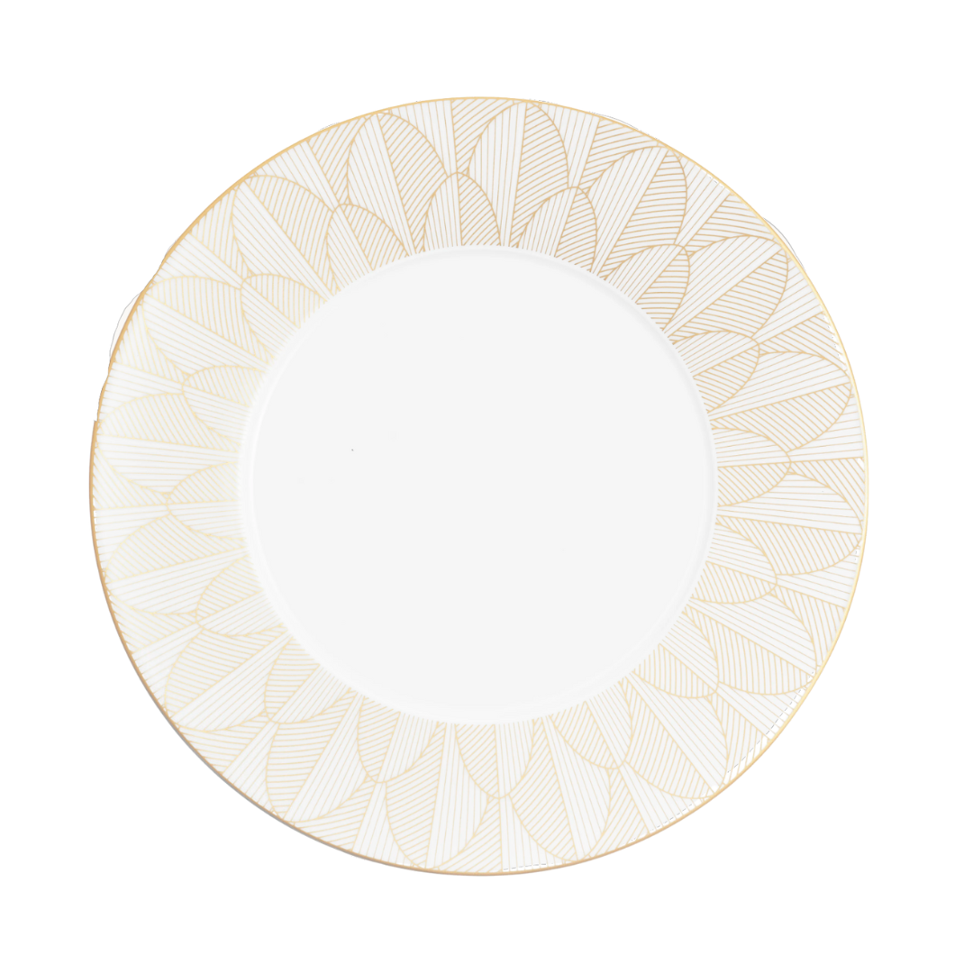 A white Christofle Malmaison Imperiale Porcelain Dinnerware Gold dinner plate featuring a gold fan-like rim, from the brand's elegant Malmaison collection.